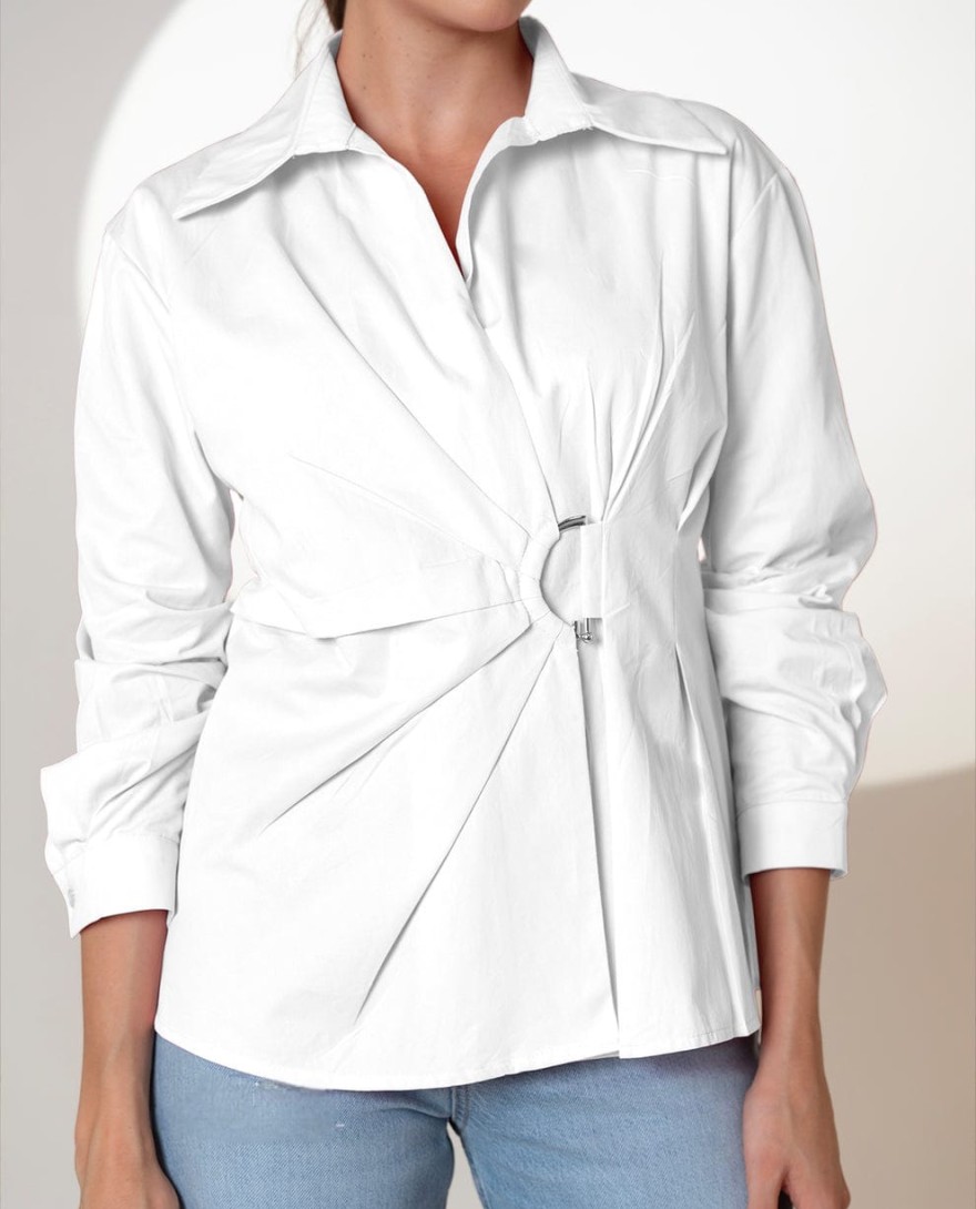 WHITE - Cinched Waist White Cotton -Shirt